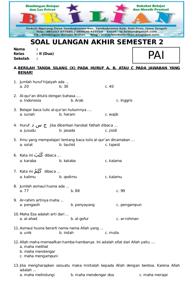 Soal uas bahasa indonesia kelas 2 sd semester 1 pdf